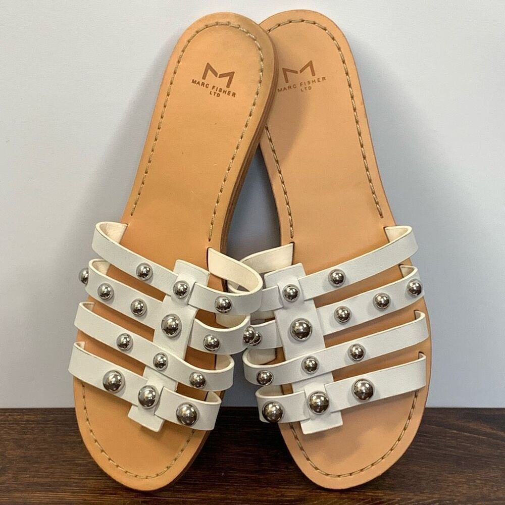 Marc Fisher Women’s Slip On Studded White Leather Sandals White Size 10M
